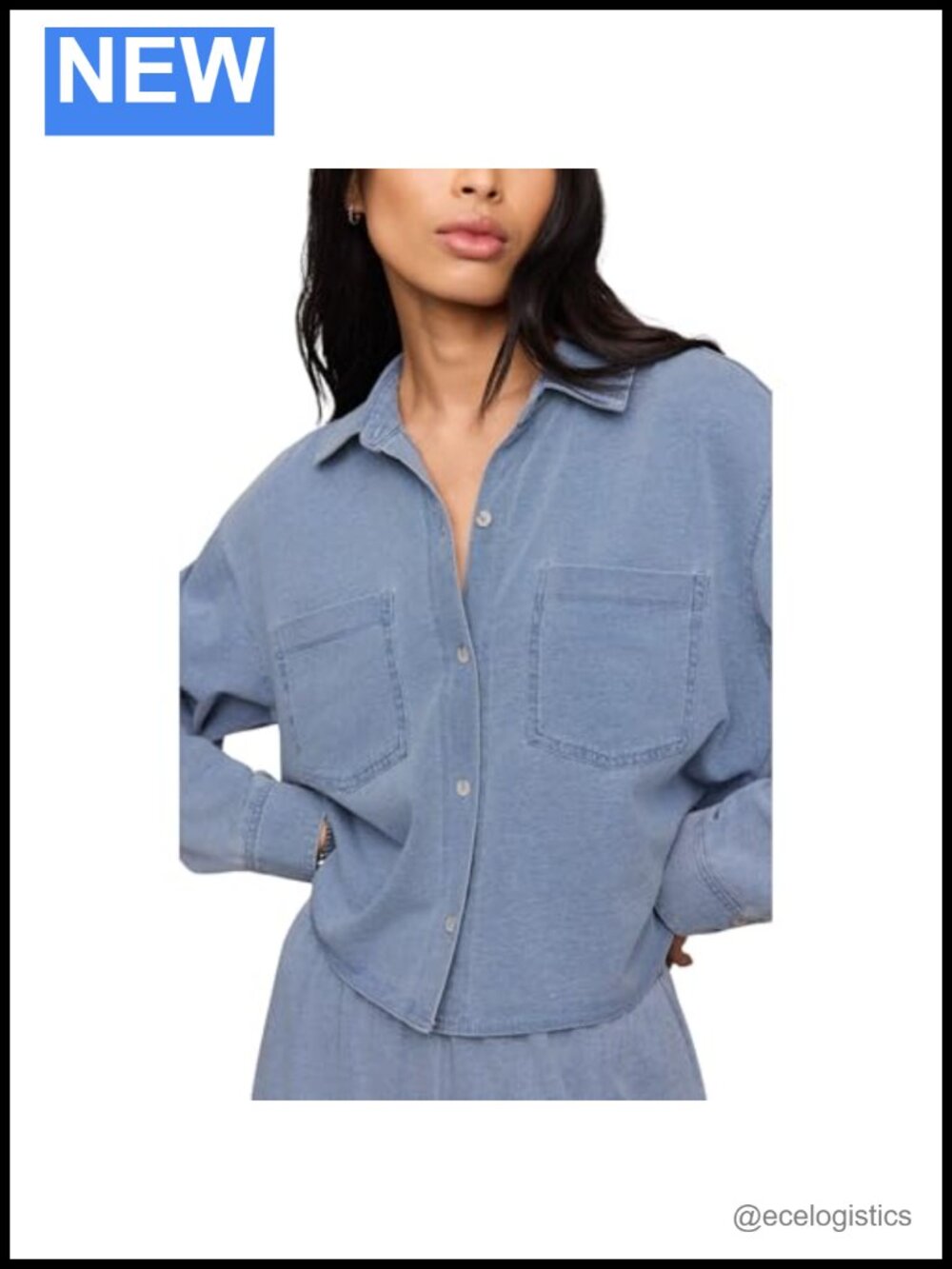 Cropped Denim Button Up Shirt with Collar and Chest Pocket - Picture 2 of 3